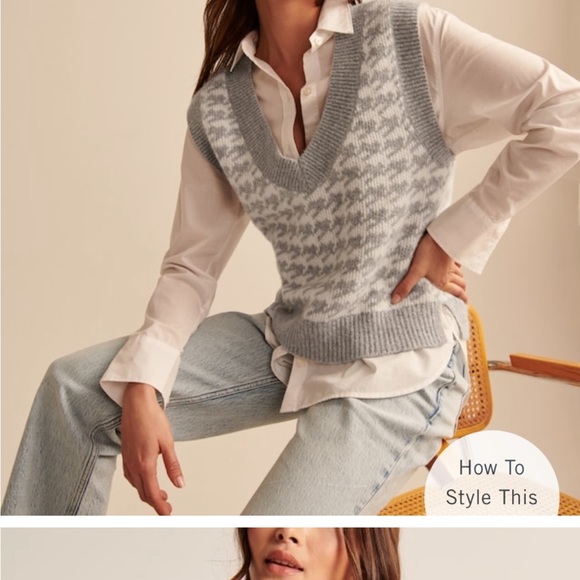 Abercrombie Grey Cropped houndstooth Pattern V-Neck Sweater vest - Picture 2 of 7